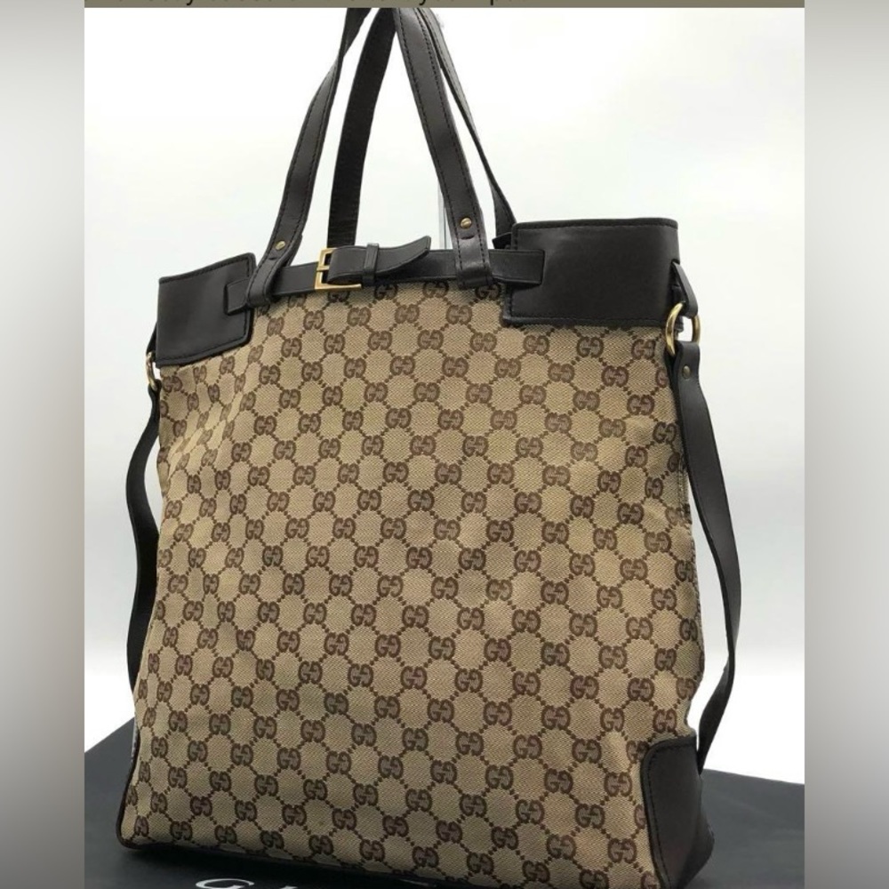 GUCCI GG Canvas Tote Bag Canvas Leather Beige Brown